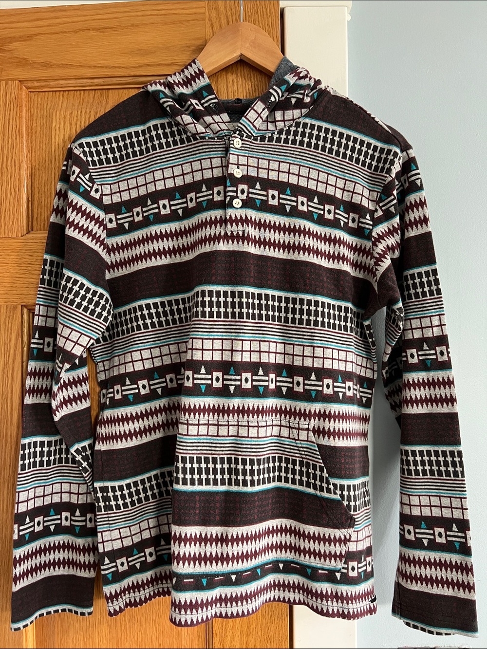 on the byas Teal, Burgundy & Gray Hooded Pullover